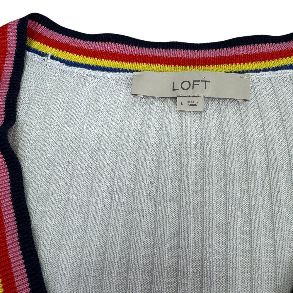 LOFT White Ribbed Button Front Cardigan Sweater with Rainbow Trim – Size L - Picture 7 of 8